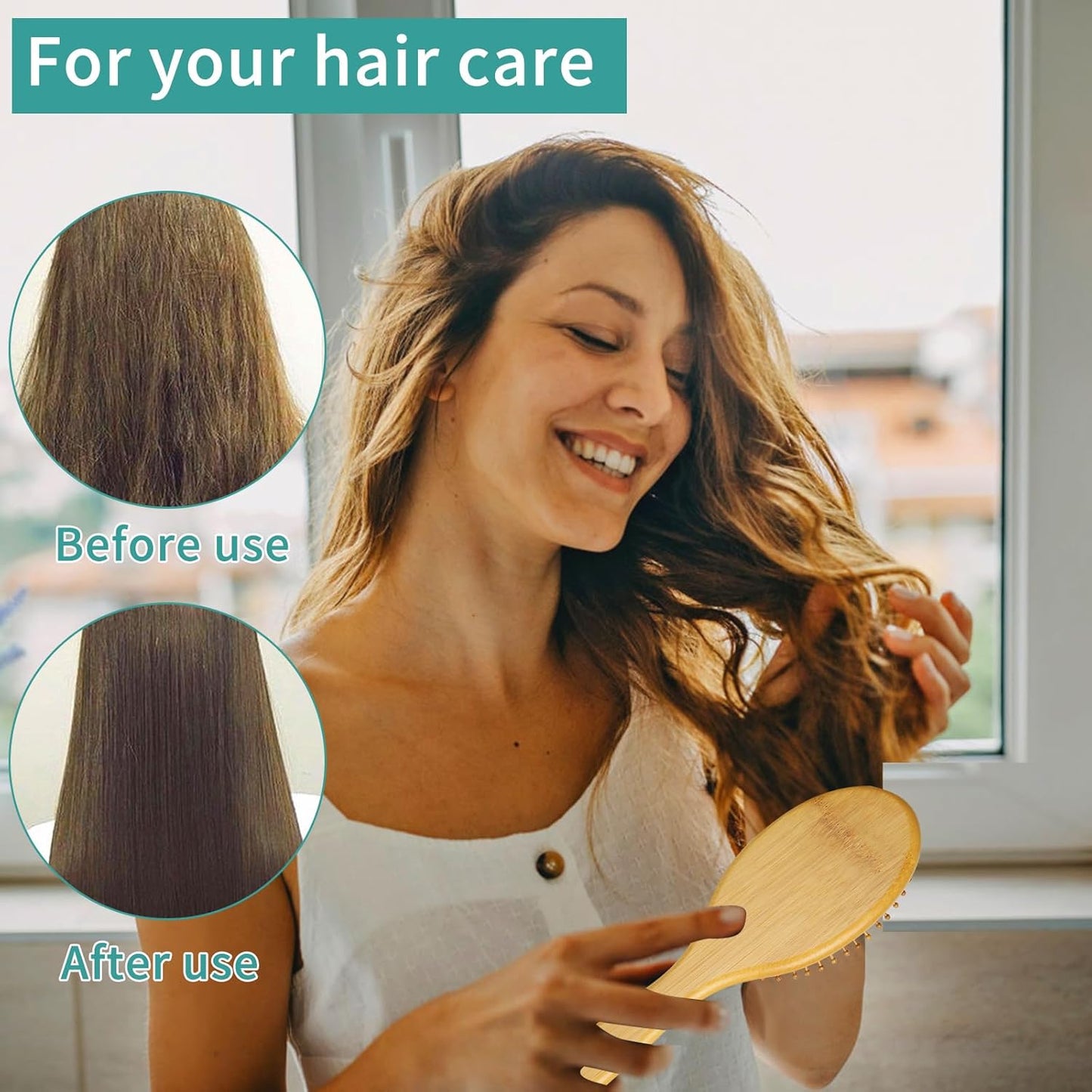 Bamboo Hair Brush Set with Wide-Tooth and Tail Comb | Natural Bamboo Paddle Detangling Brush for Wet Dry Curly Hair, Wood Grooming Tool for Women Men Kids