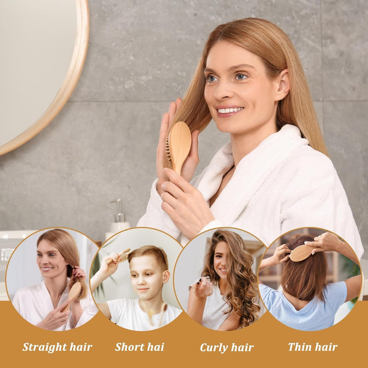Bamboo Hair Brush, 2Pcs Mini Paddle Detangling Hairbrush Wooden Hair Brush Portable Scalp Massage Comb Pocket Size Anti-Static Travel Hair Brush for Thick Thin Curly Dry Wet Hair