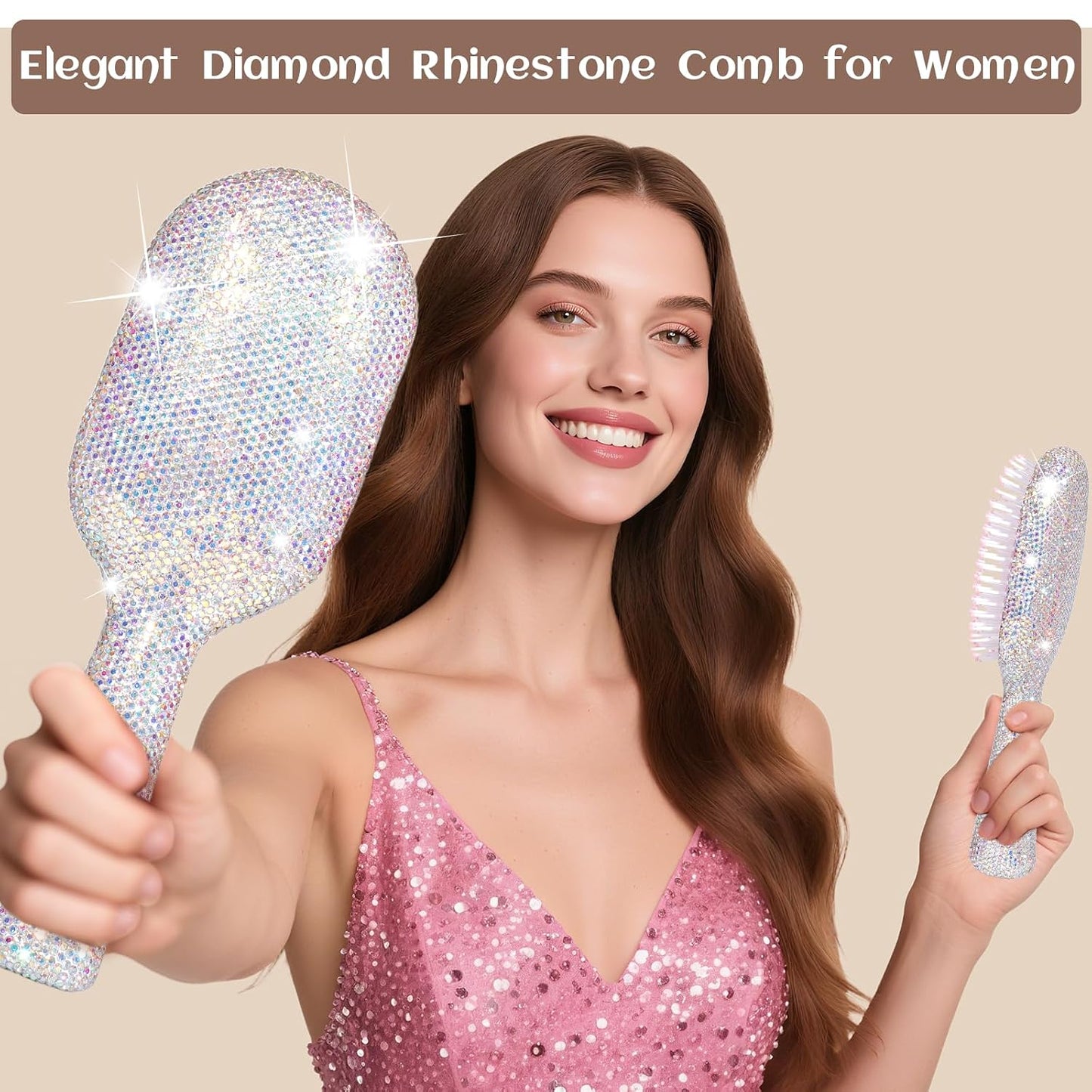 Rhinestone Hair Brush for Women - Sparkly Bling Crystal Detangling Brush, Vintage Retro Glam Style Anti-Static Hairbrush, Cute Fashion Beauty Gift for Girls & Ladies