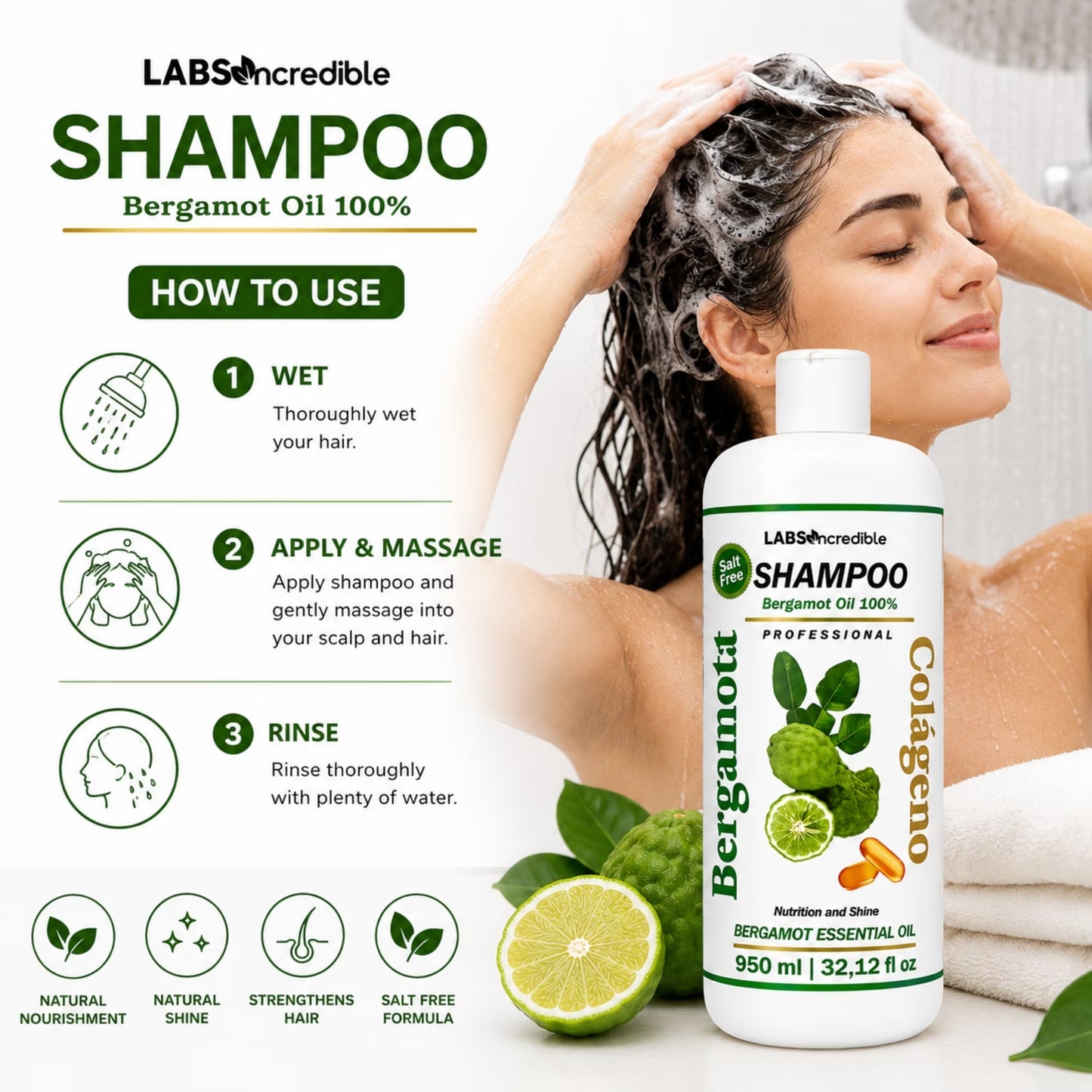 Bergamot Collagen Shampoo / Shampoo De Bergamota Y Colágeno, Professional Daily Hair Care Formula for All Hair Types, 32.12 Fl Oz / 950 Ml