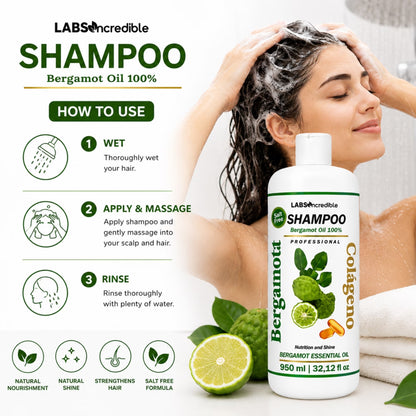 Bergamot Collagen Shampoo / Shampoo De Bergamota Y Colágeno, Professional Daily Hair Care Formula for All Hair Types, 32.12 Fl Oz / 950 Ml