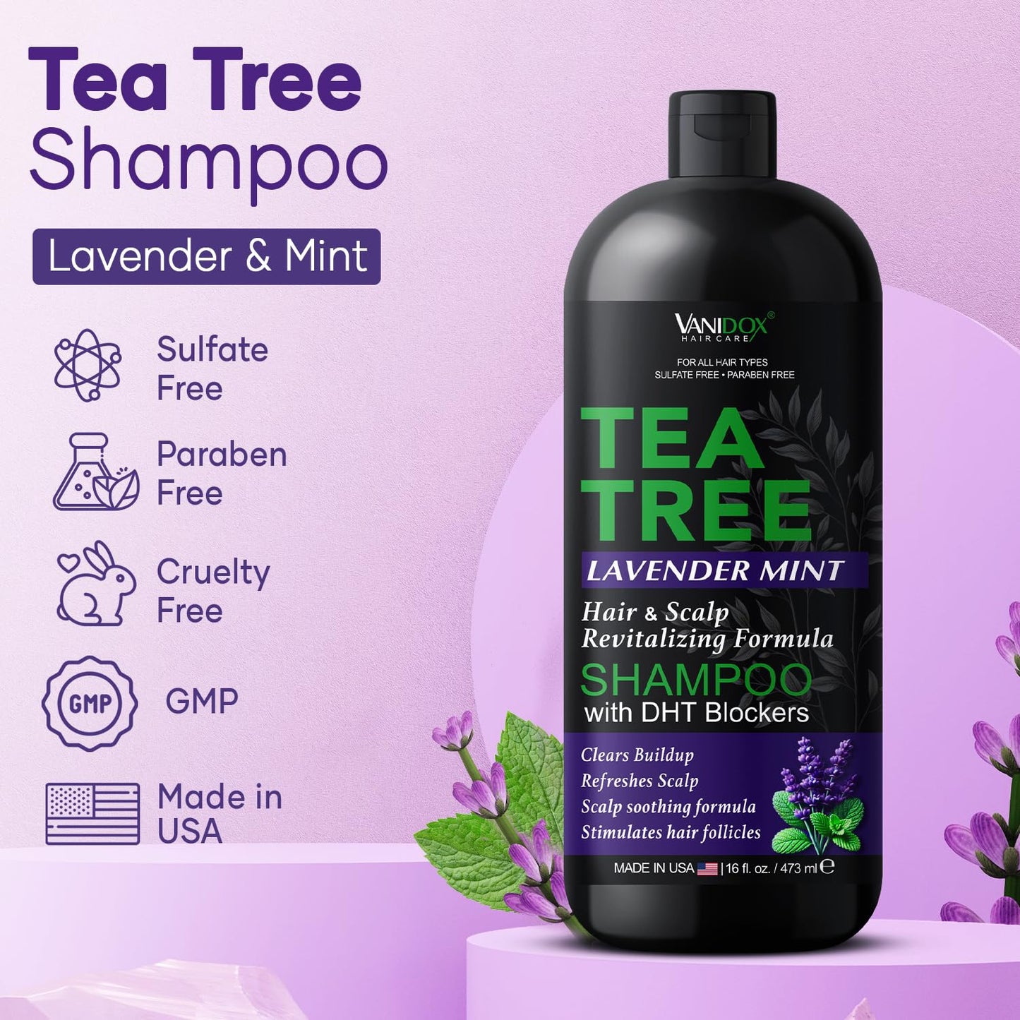 Tea Tree Oil Shampoo with Lavender & Mint | DHT Blocker Blend | Gently Cleanses Scalp, Helps Remove Buildup & Flakes | for Men & Women | Made in USA | 16 Fl Oz