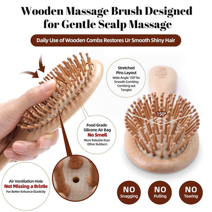 Wooden Hair Brush and Comb, One-Piece Design, Reduce Frizz and Static, Massage Scalp, Detangling Paddle Hairbrush for Women, Girls, Kids, Includes Cleaning Claw, 5 Wood Bristles | One-Piece Design Peach Wood Comb and Beech Wooden Brush, Anti-Static & Detangling, Paddle Hairbrush for Women, Girls, Kids