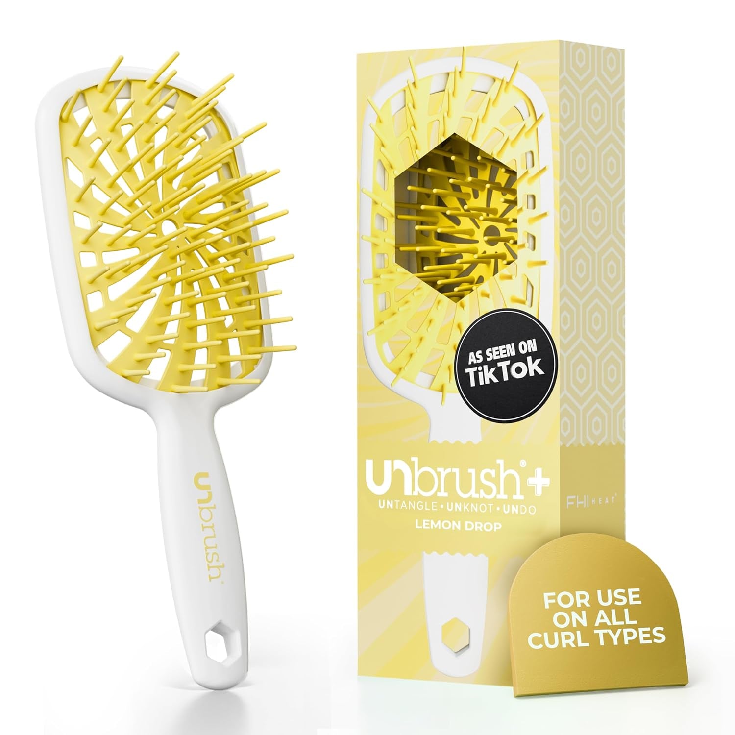 FHI Heat Unbrush plus — Curly Hair Brush for Gentle & Effective Detangling on Wet or Dry Fragile Hair Types — Detangler Brush W/ 84 Ultraflex Bristles, Ultra-Light, Vented, anti Static Hairbrush