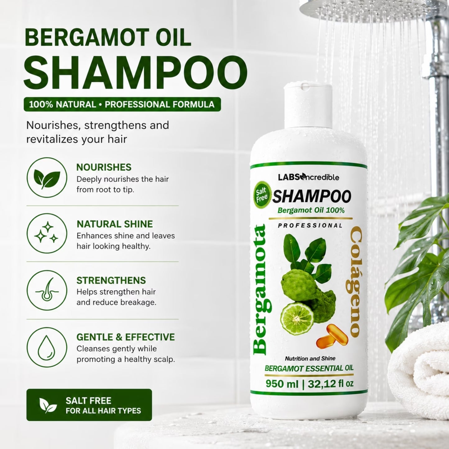 Bergamot Collagen Shampoo / Shampoo De Bergamota Y Colágeno, Professional Daily Hair Care Formula for All Hair Types, 32.12 Fl Oz / 950 Ml