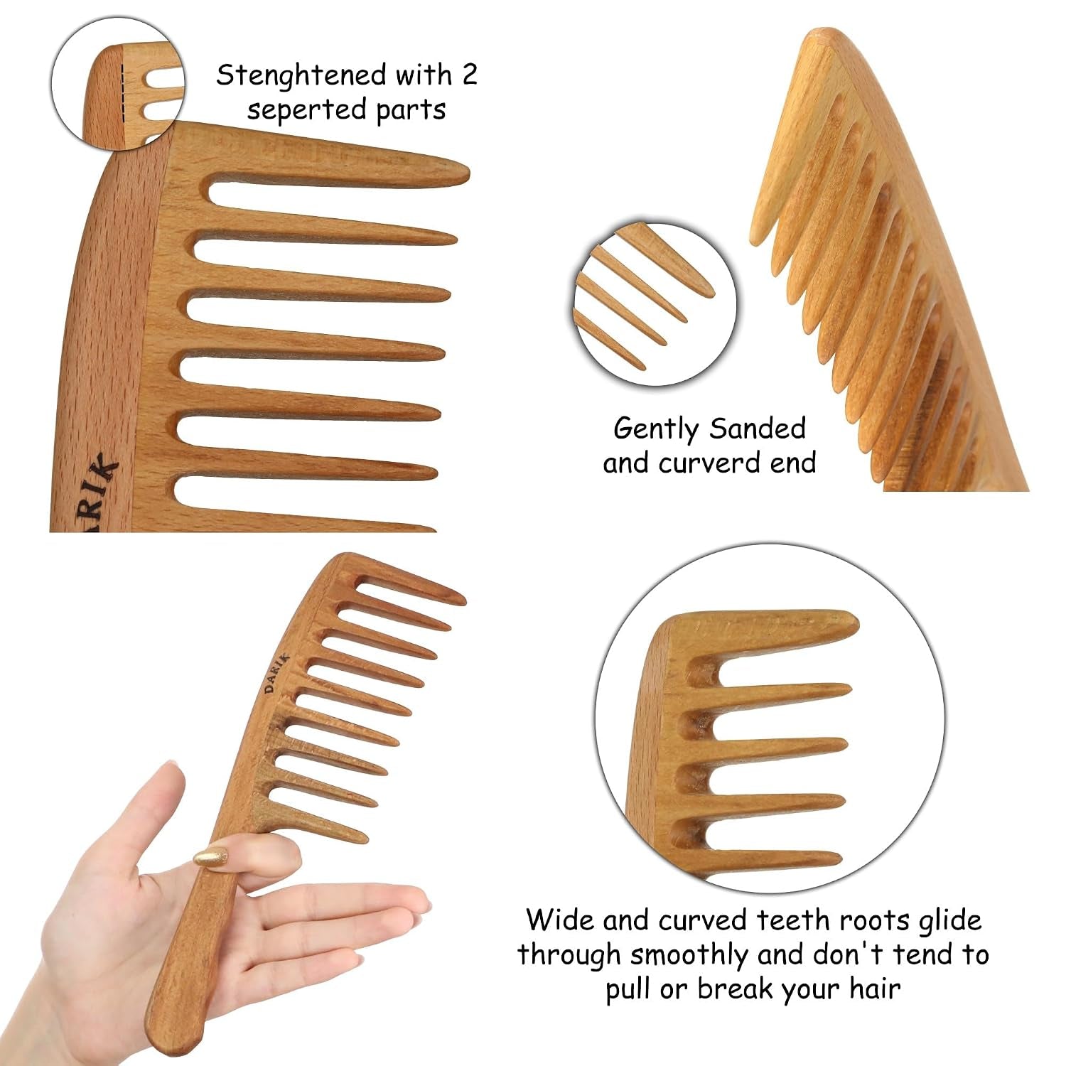 Wide Tooth Wooden Comb Handmade - Natural Vintage Style Wide Tooth Comb for Curls Gentle Styling - Anti-Static Wood Hair Combs for Women Detangling (Extra Wide Tooth)