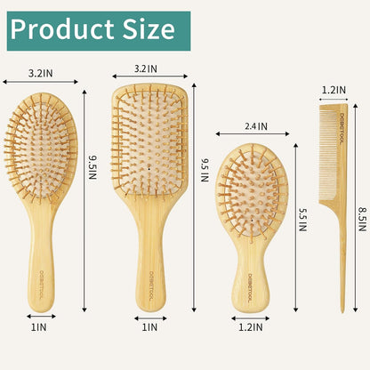 Bamboo Hair Brush Set with Wide-Tooth and Tail Comb | Natural Bamboo Paddle Detangling Brush for Wet Dry Curly Hair, Wood Grooming Tool for Women Men Kids