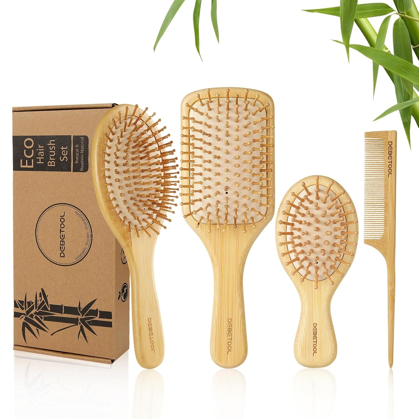 Bamboo Hair Brush Set with Wide-Tooth and Tail Comb | Natural Bamboo Paddle Detangling Brush for Wet Dry Curly Hair, Wood Grooming Tool for Women Men Kids