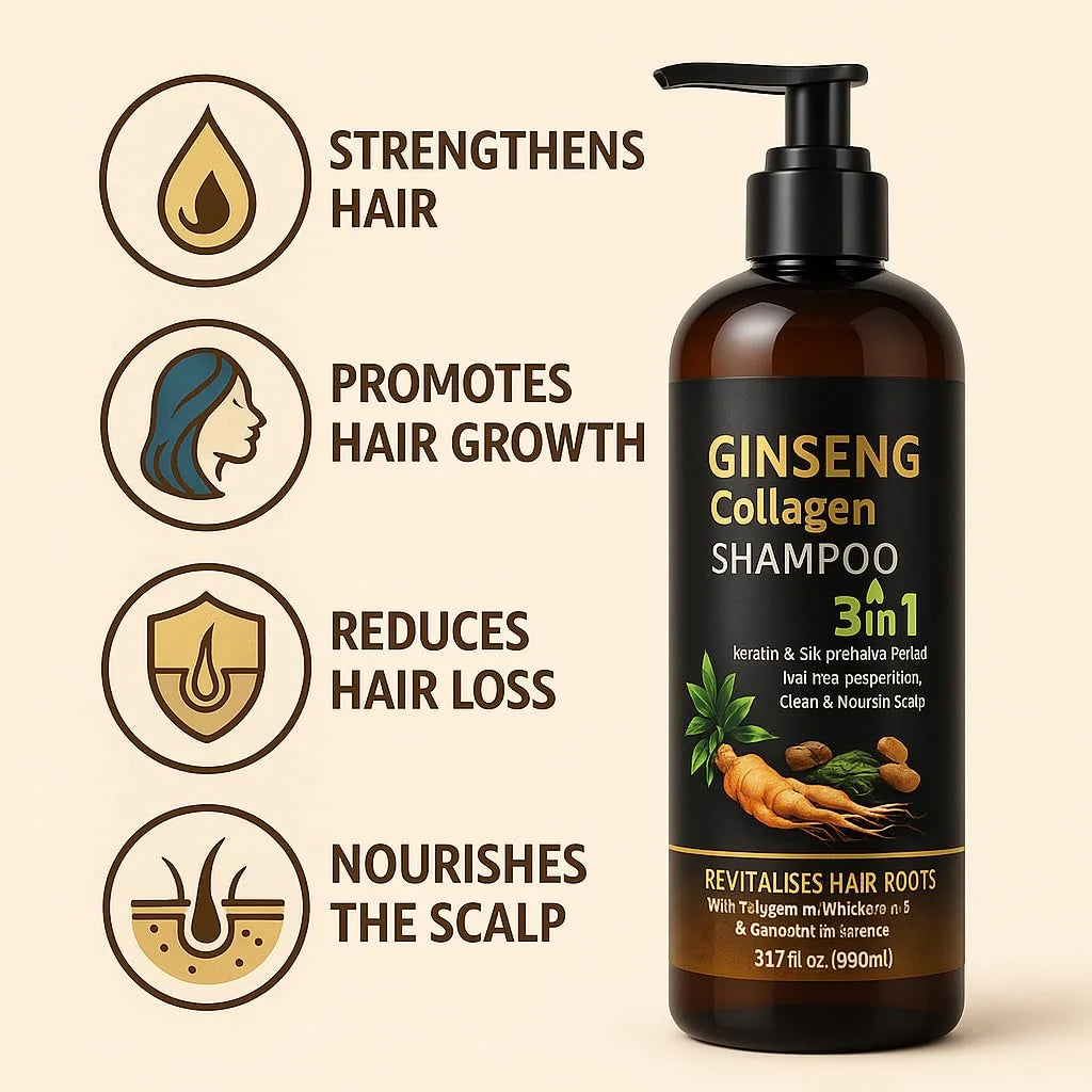 900ML X-Large 3In1 Ginseng Collagen Shampoo with Ginger Extract, Hair Loss Prevention with Keratin & Silk Protein | Strengthens & Revitalizes Hair Roots for Thicker, Healthier Hair