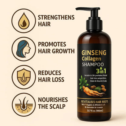 900ML X-Large 3In1 Ginseng Collagen Shampoo with Ginger Extract, Hair Loss Prevention with Keratin & Silk Protein | Strengthens & Revitalizes Hair Roots for Thicker, Healthier Hair