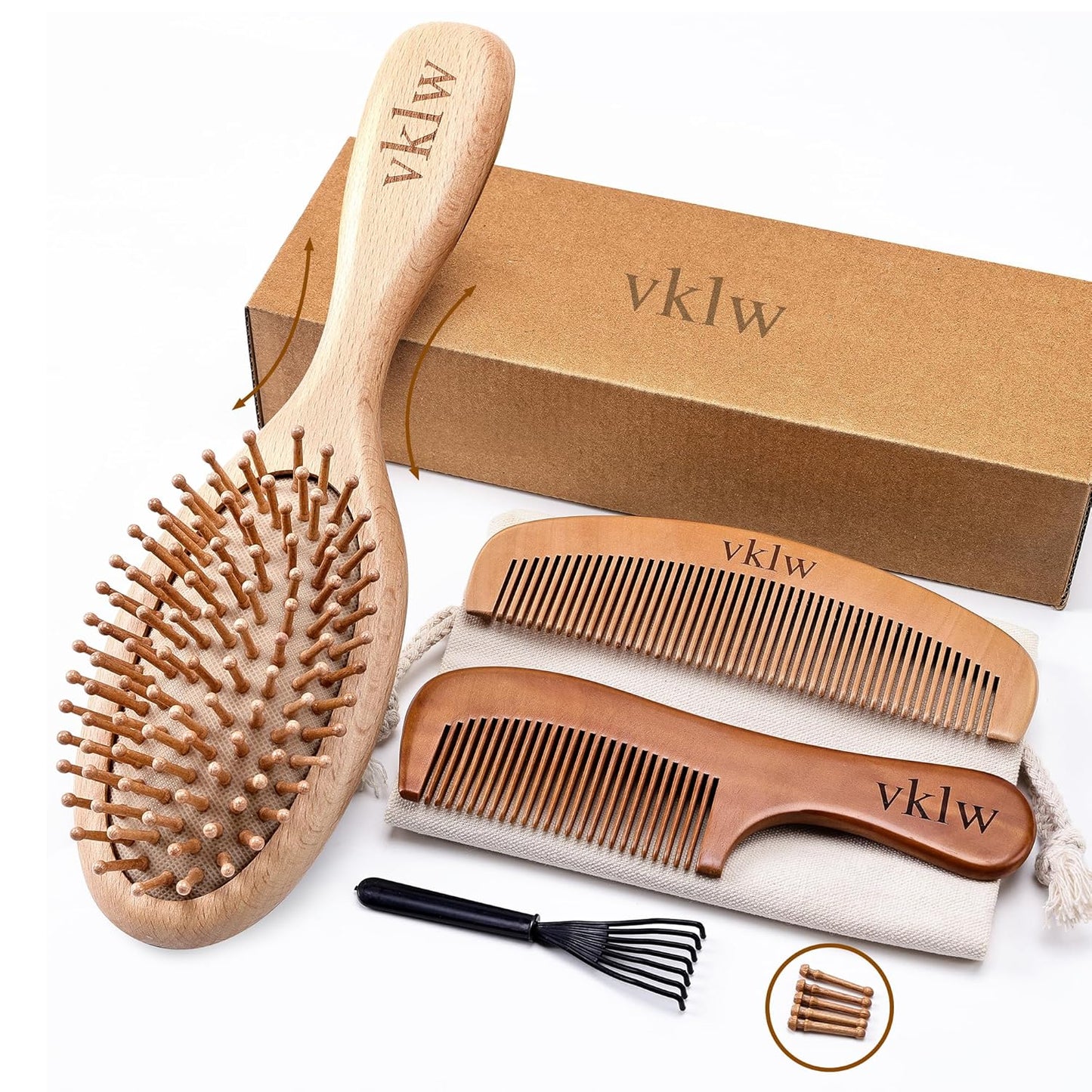 Wooden Hair Brush and Comb, One-Piece Design, Reduce Frizz and Static, Massage Scalp, Detangling Paddle Hairbrush for Women, Girls, Kids, Includes Cleaning Claw, 5 Wood Bristles | One-Piece Design Peach Wood Comb and Beech Wooden Brush, Anti-Static & Detangling, Paddle Hairbrush for Women, Girls, Kids