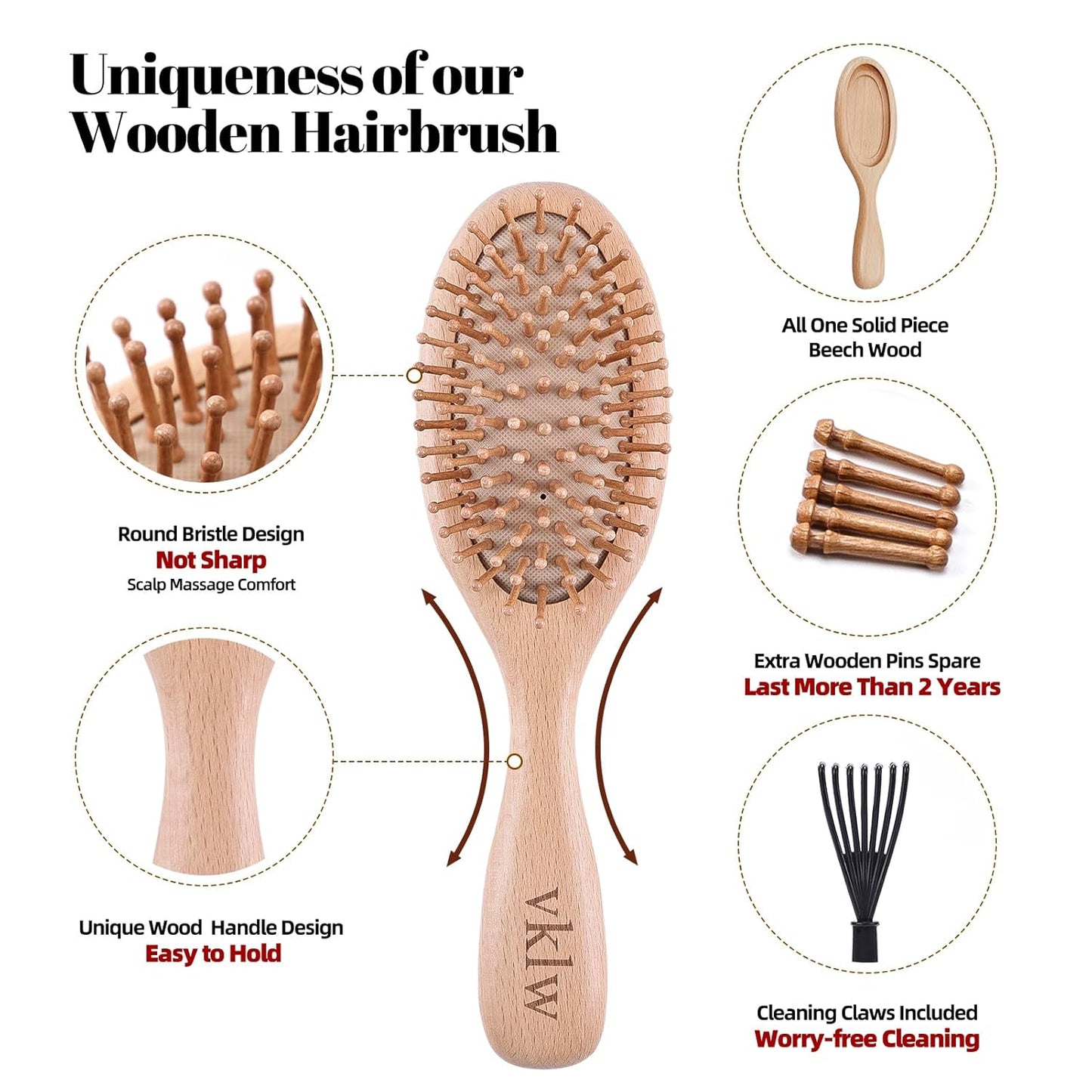 Wooden Hair Brush and Comb, One-Piece Design, Reduce Frizz and Static, Massage Scalp, Detangling Paddle Hairbrush for Women, Girls, Kids, Includes Cleaning Claw, 5 Wood Bristles | One-Piece Design Peach Wood Comb and Beech Wooden Brush, Anti-Static & Detangling, Paddle Hairbrush for Women, Girls, Kids