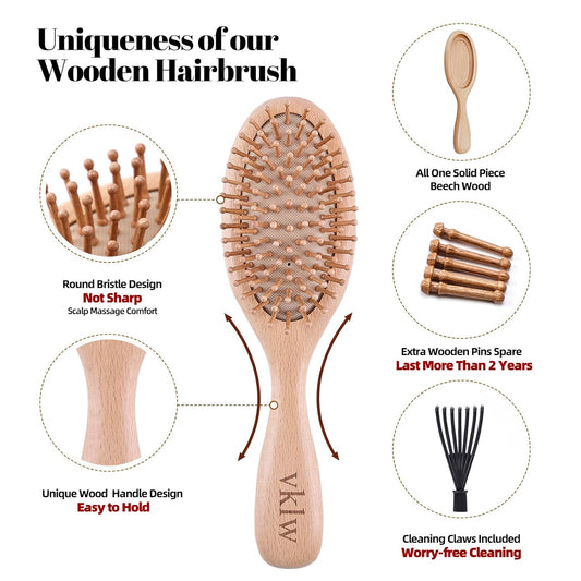 Wooden Hair Brush and Comb, One-Piece Design, Reduce Frizz and Static, Massage Scalp, Detangling Paddle Hairbrush for Women, Girls, Kids, Includes Cleaning Claw, 5 Wood Bristles | One-Piece Design Peach Wood Comb and Beech Wooden Brush, Anti-Static & Detangling, Paddle Hairbrush for Women, Girls, Kids
