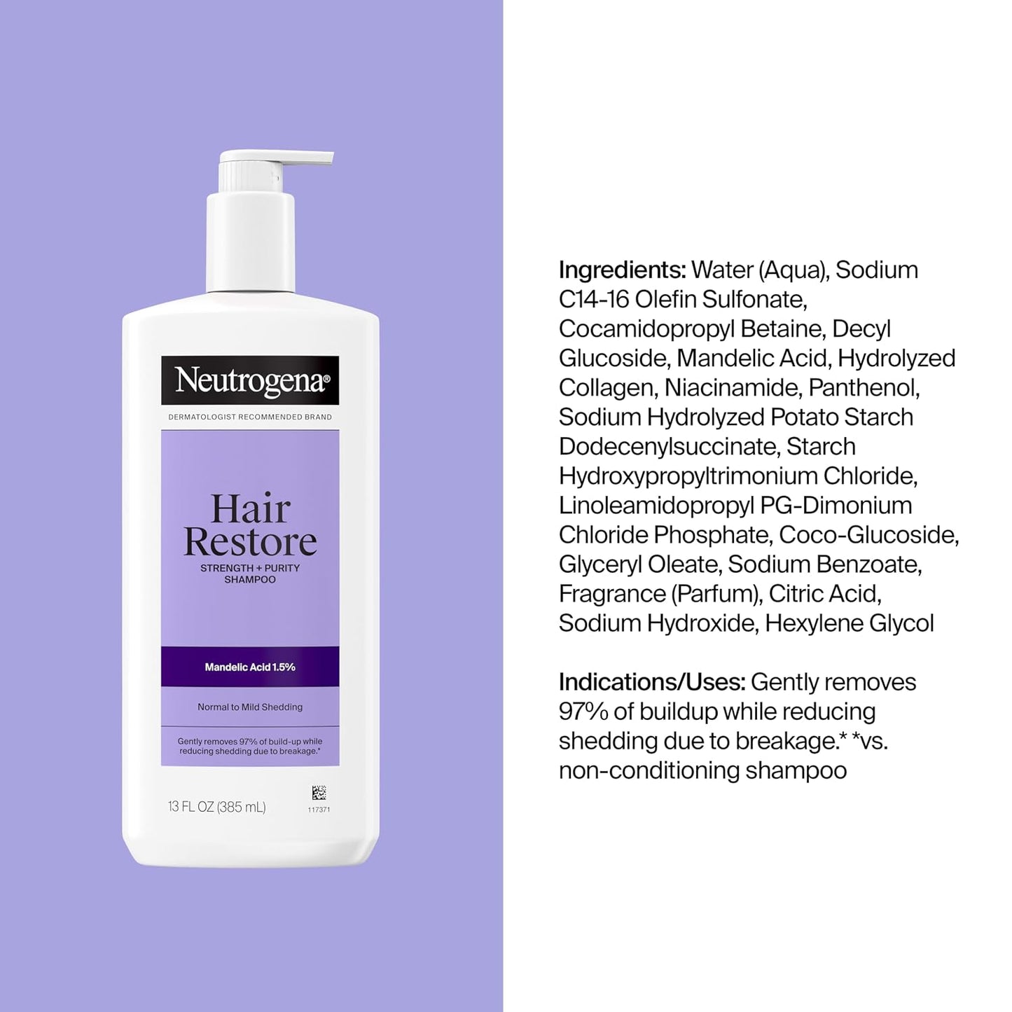 Neutrogena Hair Restore Strength + Purity Sulfate-Free Shampoo, 13 Fl. Oz | 1.5% Mandelic Acid, Gently Removes 97% of Buildup, Reduces Shedding Due to Breakage, Paraben-Free