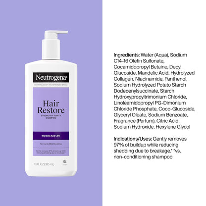 Neutrogena Hair Restore Strength + Purity Sulfate-Free Shampoo, 13 Fl. Oz | 1.5% Mandelic Acid, Gently Removes 97% of Buildup, Reduces Shedding Due to Breakage, Paraben-Free