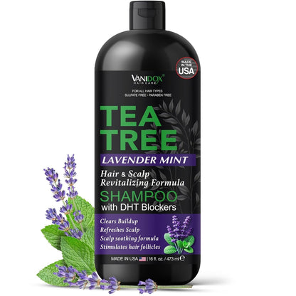 Tea Tree Oil Shampoo with Lavender & Mint | DHT Blocker Blend | Gently Cleanses Scalp, Helps Remove Buildup & Flakes | for Men & Women | Made in USA | 16 Fl Oz