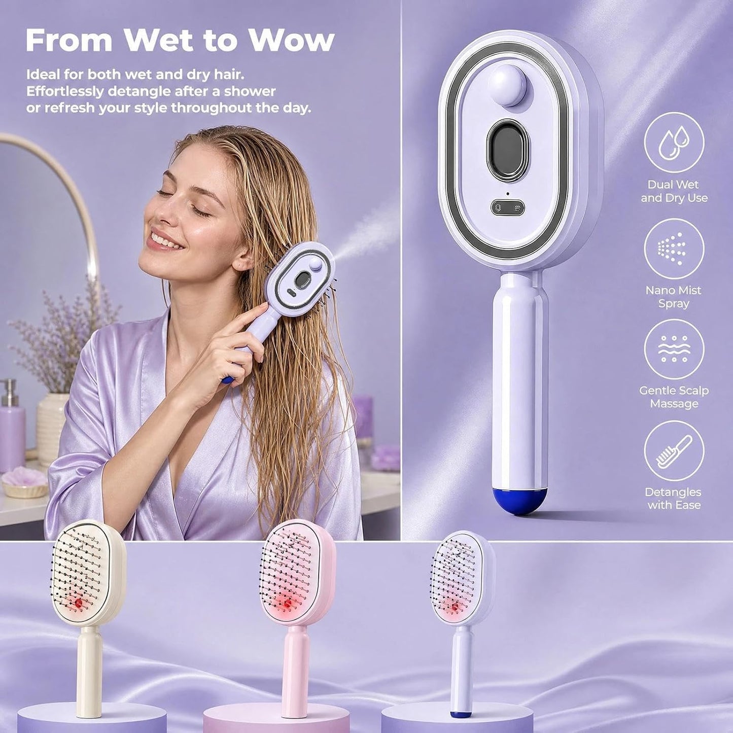 2026 New Electric Spray Air Cushion Massage Comb,3 in 1 Self-Clean Detangling Brush, Restores Silky Shine for Dry & Frizzy Hair, Premium Hair Care Tool for Women