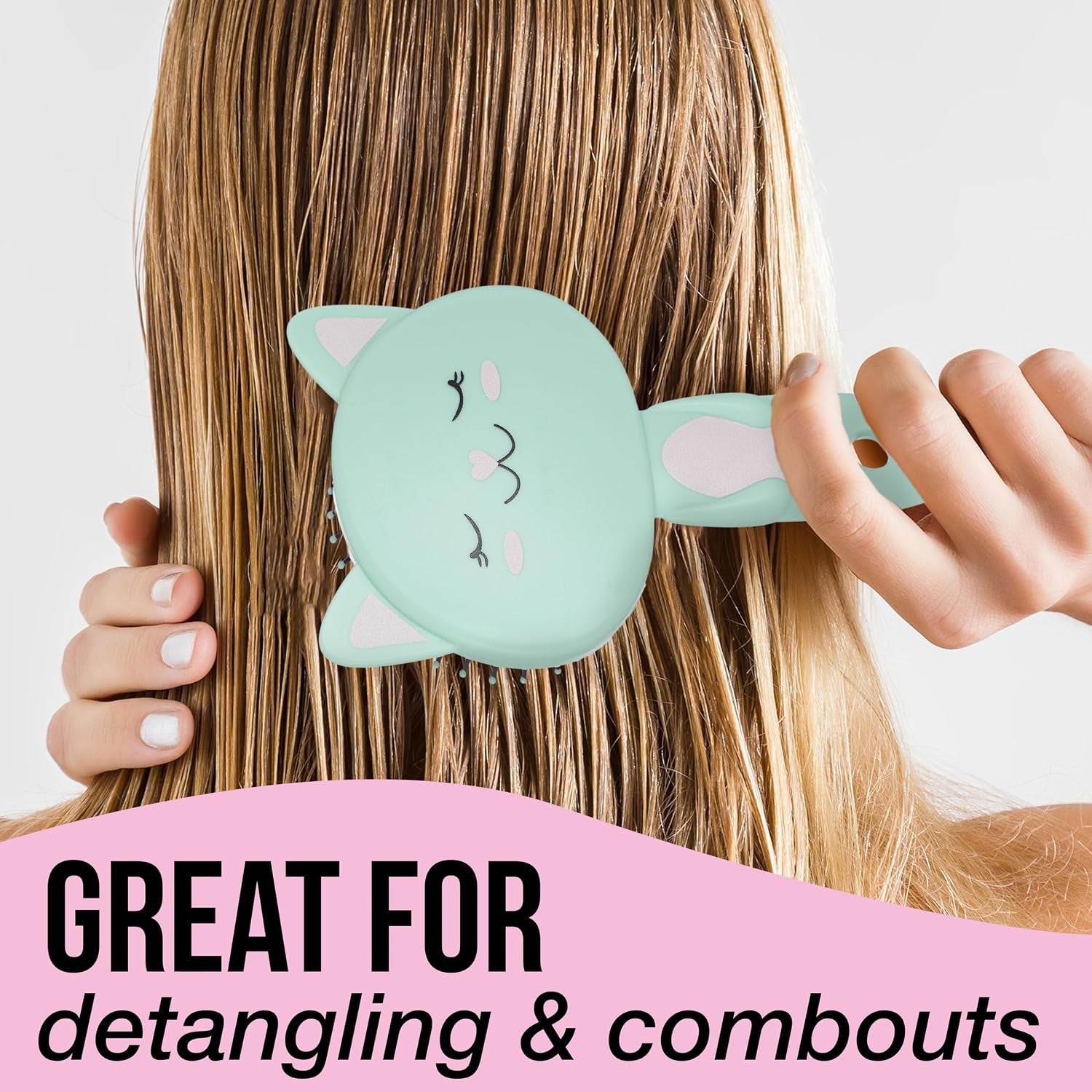 1Pc Cute Animal Character Hairbrush, Comfort & Control (KITTY) | Cushion Hair Brush W/Gentle Bristles, Cushion Base, and Animal Ears