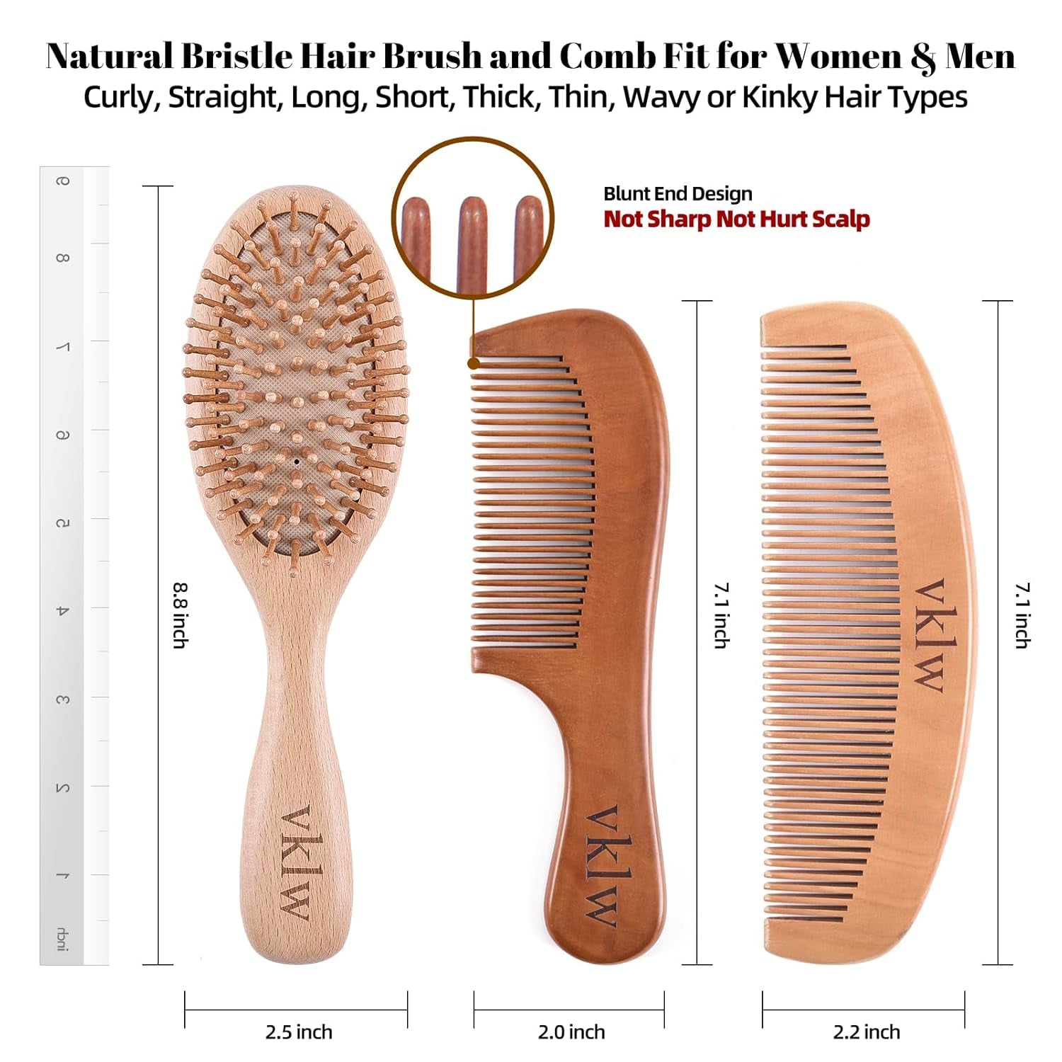 Wooden Hair Brush and Comb, One-Piece Design, Reduce Frizz and Static, Massage Scalp, Detangling Paddle Hairbrush for Women, Girls, Kids, Includes Cleaning Claw, 5 Wood Bristles | One-Piece Design Peach Wood Comb and Beech Wooden Brush, Anti-Static & Detangling, Paddle Hairbrush for Women, Girls, Kids