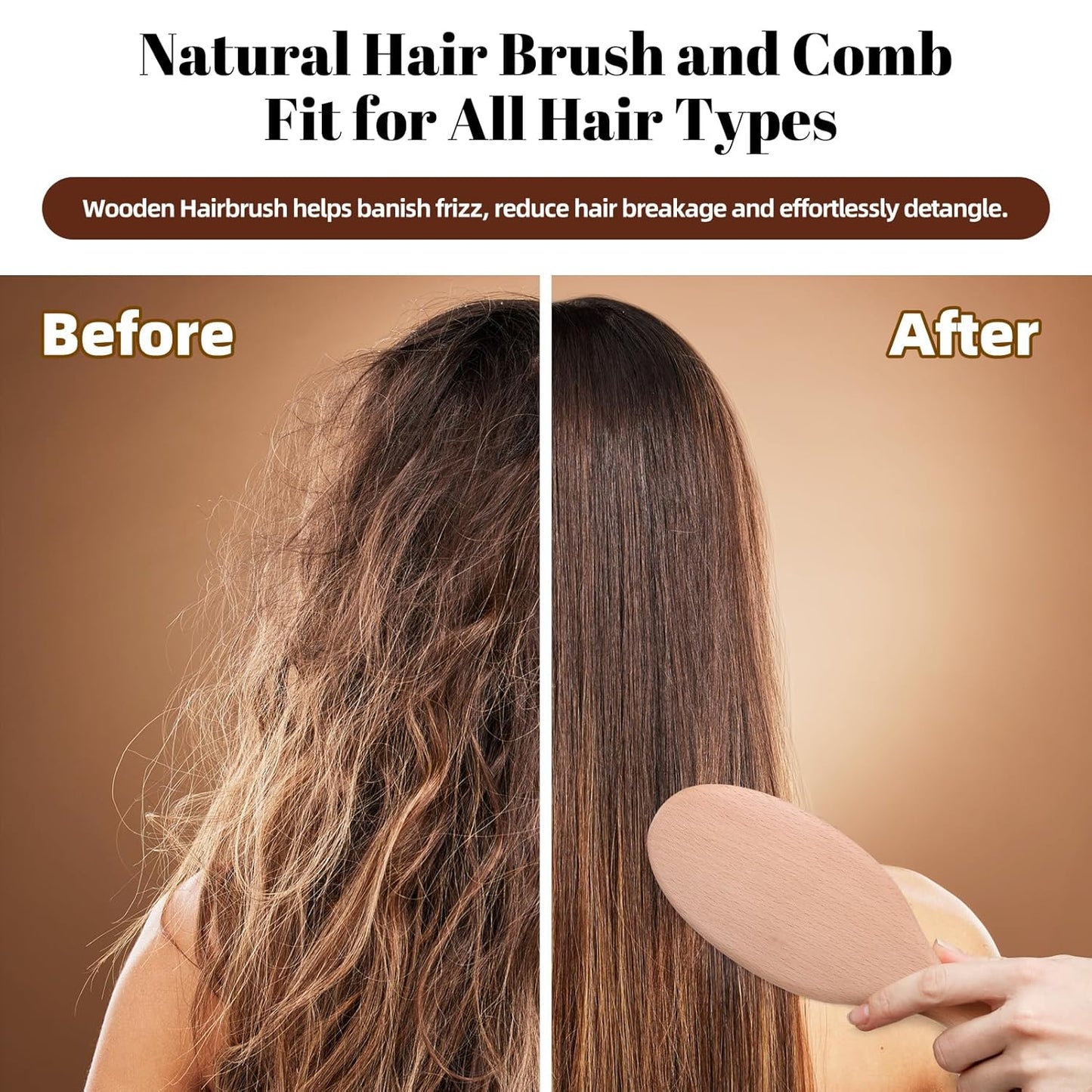 Wooden Hair Brush and Comb, One-Piece Design, Reduce Frizz and Static, Massage Scalp, Detangling Paddle Hairbrush for Women, Girls, Kids, Includes Cleaning Claw, 5 Wood Bristles | One-Piece Design Peach Wood Comb and Beech Wooden Brush, Anti-Static & Detangling, Paddle Hairbrush for Women, Girls, Kids