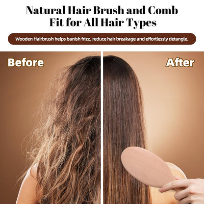 Wooden Hair Brush and Comb, One-Piece Design, Reduce Frizz and Static, Massage Scalp, Detangling Paddle Hairbrush for Women, Girls, Kids, Includes Cleaning Claw, 5 Wood Bristles | One-Piece Design Peach Wood Comb and Beech Wooden Brush, Anti-Static & Detangling, Paddle Hairbrush for Women, Girls, Kids