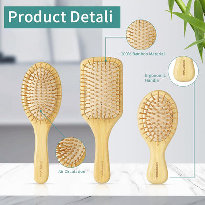 Bamboo Hair Brush Set with Wide-Tooth and Tail Comb | Natural Bamboo Paddle Detangling Brush for Wet Dry Curly Hair, Wood Grooming Tool for Women Men Kids