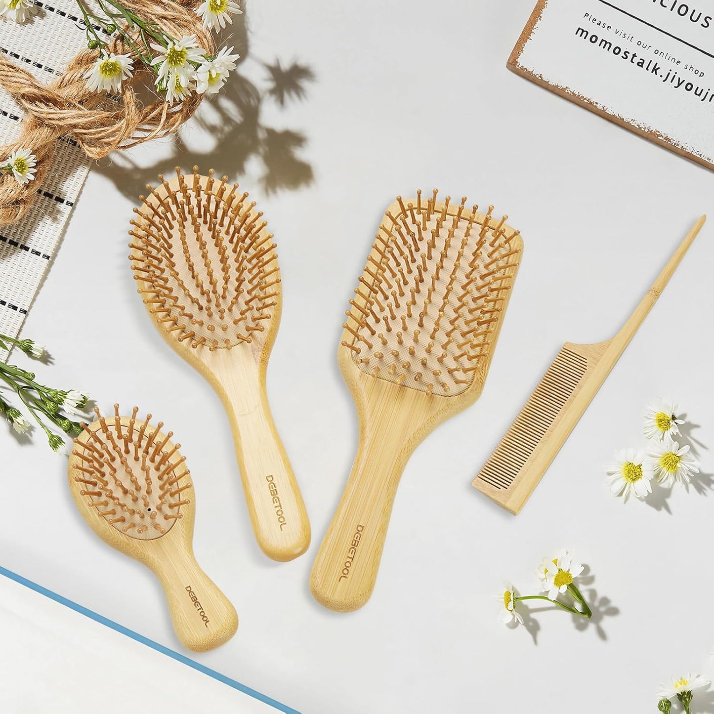 Bamboo Hair Brush Set with Wide-Tooth and Tail Comb | Natural Bamboo Paddle Detangling Brush for Wet Dry Curly Hair, Wood Grooming Tool for Women Men Kids