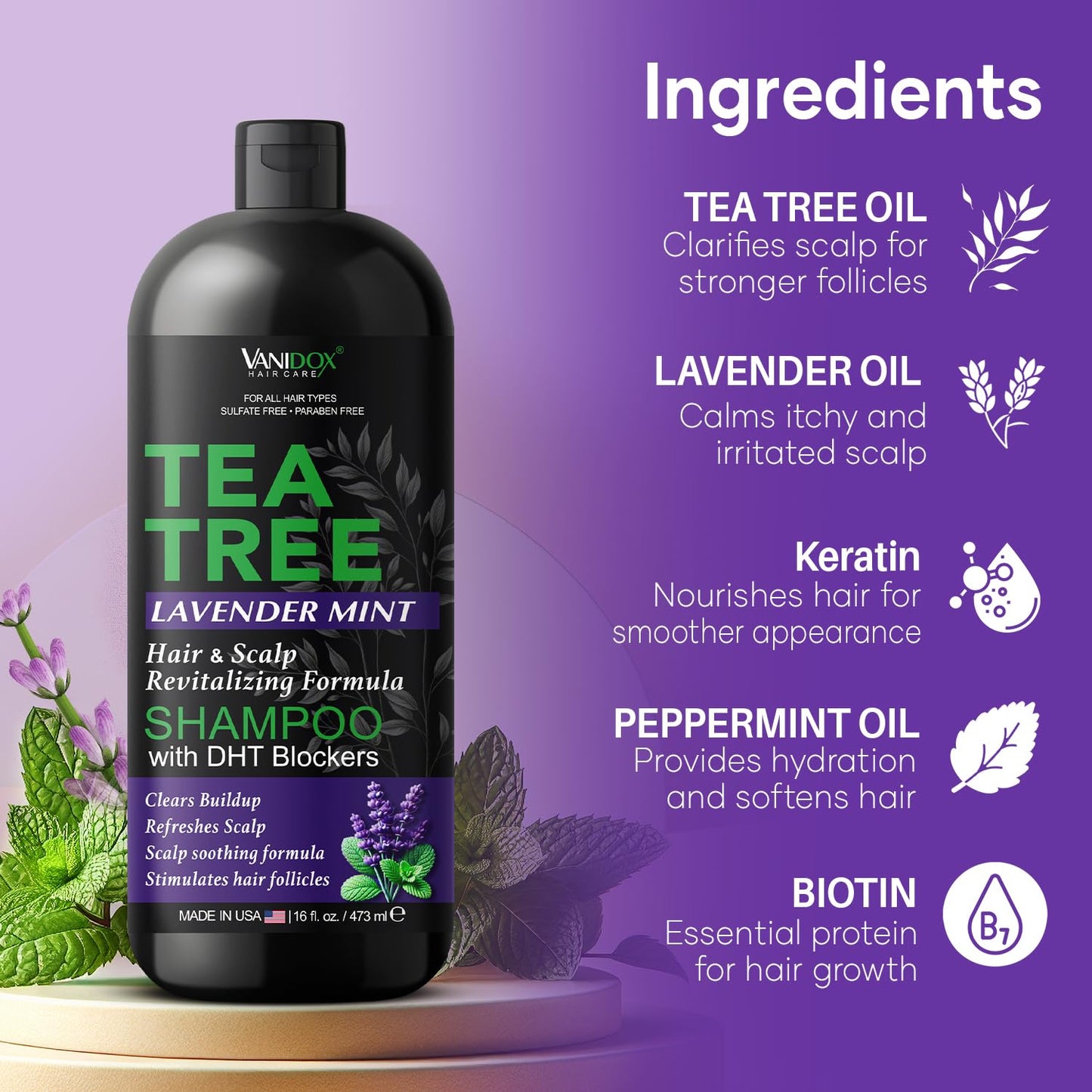 Tea Tree Oil Shampoo with Lavender & Mint | DHT Blocker Blend | Gently Cleanses Scalp, Helps Remove Buildup & Flakes | for Men & Women | Made in USA | 16 Fl Oz