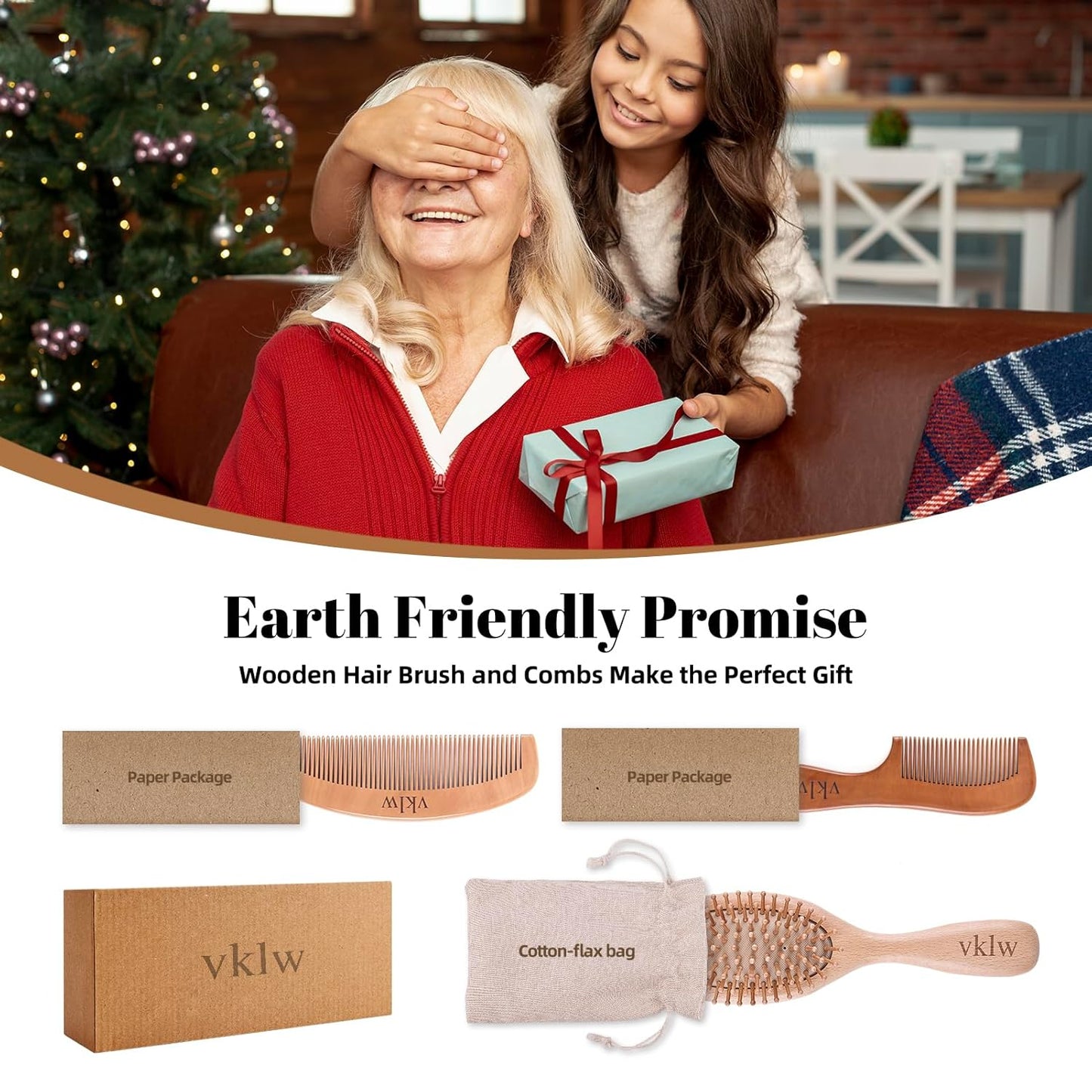 Wooden Hair Brush and Comb, One-Piece Design, Reduce Frizz and Static, Massage Scalp, Detangling Paddle Hairbrush for Women, Girls, Kids, Includes Cleaning Claw, 5 Wood Bristles | One-Piece Design Peach Wood Comb and Beech Wooden Brush, Anti-Static & Detangling, Paddle Hairbrush for Women, Girls, Kids