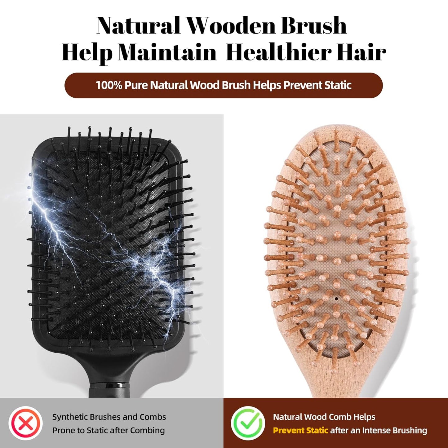 Wooden Hair Brush and Comb, One-Piece Design, Reduce Frizz and Static, Massage Scalp, Detangling Paddle Hairbrush for Women, Girls, Kids, Includes Cleaning Claw, 5 Wood Bristles | One-Piece Design Peach Wood Comb and Beech Wooden Brush, Anti-Static & Detangling, Paddle Hairbrush for Women, Girls, Kids