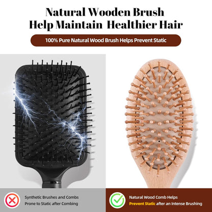 Wooden Hair Brush and Comb, One-Piece Design, Reduce Frizz and Static, Massage Scalp, Detangling Paddle Hairbrush for Women, Girls, Kids, Includes Cleaning Claw, 5 Wood Bristles | One-Piece Design Peach Wood Comb and Beech Wooden Brush, Anti-Static & Detangling, Paddle Hairbrush for Women, Girls, Kids